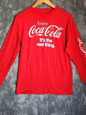 Coca-Cola Long Sleeve Shirt Graphic Tee Medium Red Logo Sleeve Crew Neck EUC